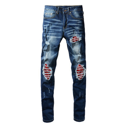 1318 Jeans azules con parches rotos de High Street de marca de moda europea y americana para hombre, versión coreana 