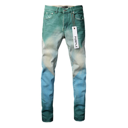 New Pop Style Mens Creases Pants Skinny Purple Denim Cyan-Blue Jeans PB9047A