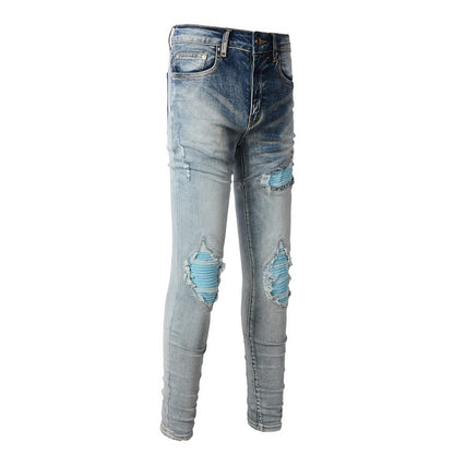 Jeans High Street pour hommes, tendance, déchiré, accrocheur, bleu, patch, jeans mendiant, version coréenne #1332 