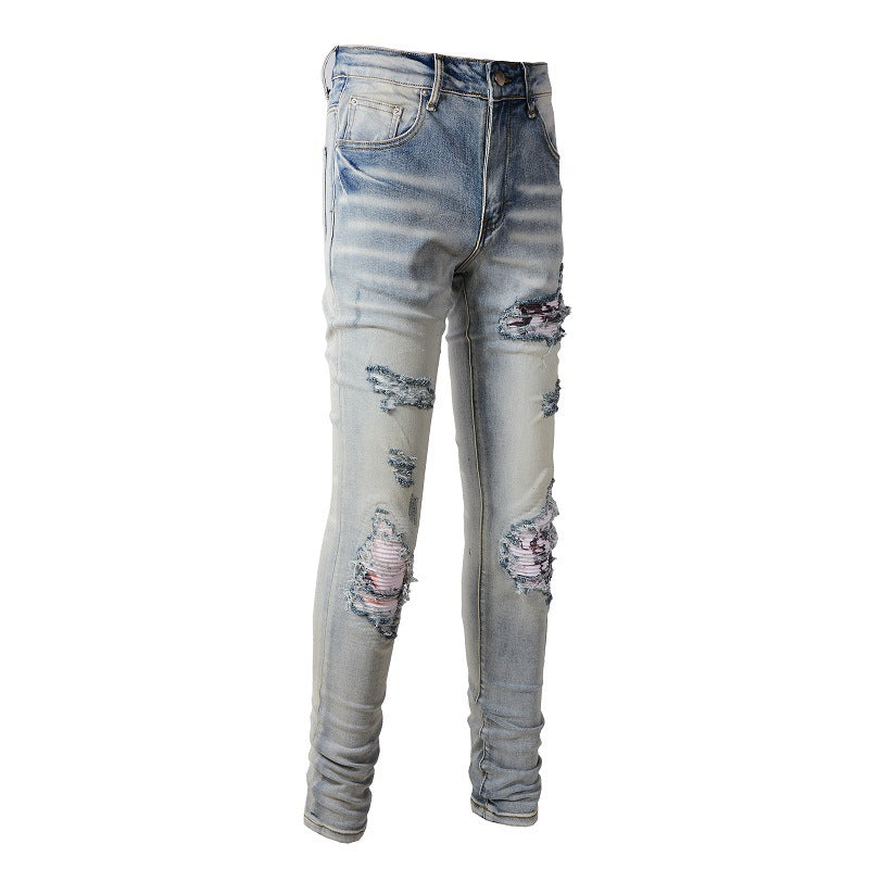 European and American Street Tide Ripped Patch Jeans High Street Tide Slim Pants Denim