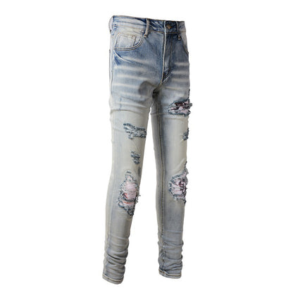 Jean déchiré Street Tide européen et américain Pantalon slim High Street Tide Denim 