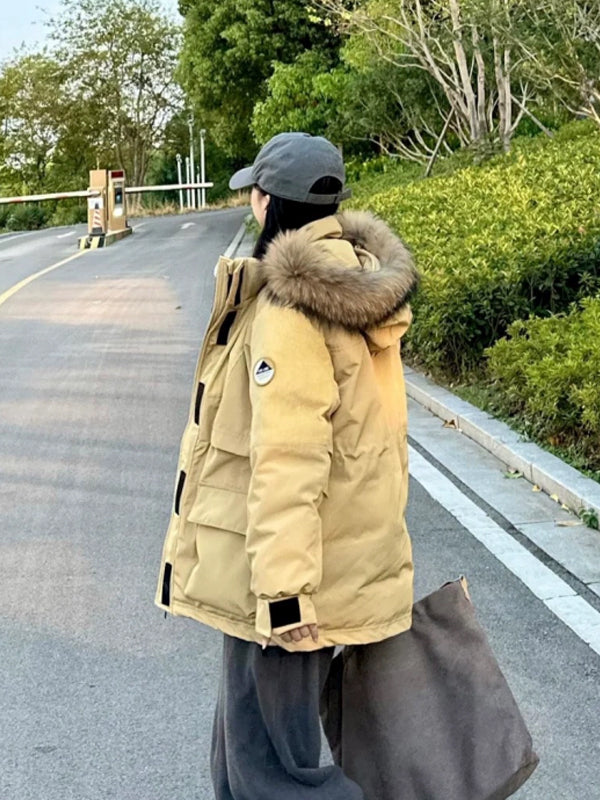 Chaqueta de plumón de longitud media para mujer: corte holgado, engrosada con plumón de pato blanco, estilo parka, inspirada en ropa de trabajo para un uso acogedor en invierno