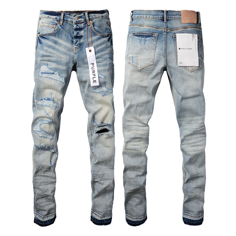 Pantalones vaqueros morados de diseñador para hombre, pantalones vaqueros apilados para hombre, pantalones vaqueros holgados con rasgaduras, pantalones vaqueros europeos para hombre 9013