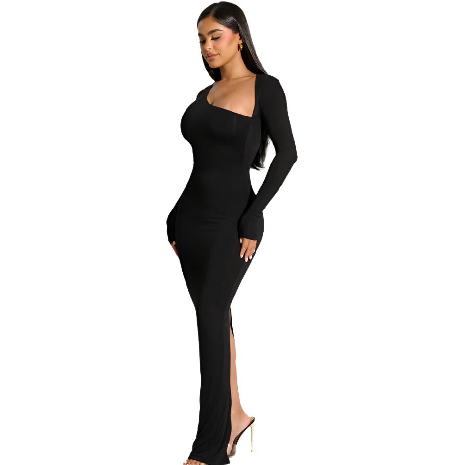 New Sexy Slim-Fit Long Sleeve Asymmetrical Neck Back Split Dress D1992777