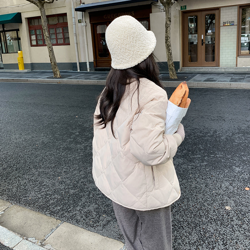 Doudoune à carreaux en losanges sans col légère et fine pour femme à col rond en duvet de canard blanc