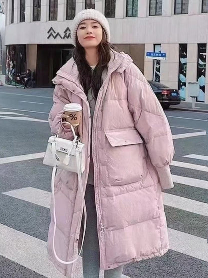 Chaqueta de plumón de pato blanca con capucha para mujer, abrigo largo hasta la rodilla, holgado y grueso