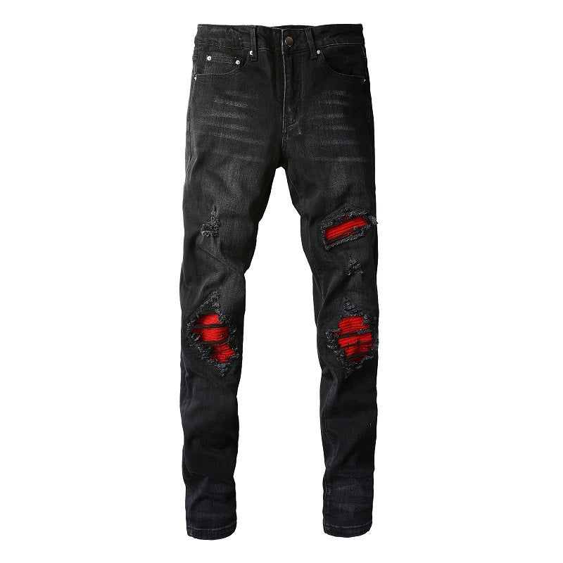 Pantalones vaqueros rasgados con parches de tendencia urbana europea y americana Pantalones vaqueros ajustados de moda urbana para hombres 886 