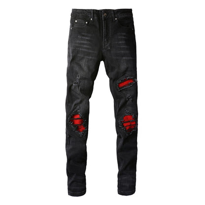 Pantalones vaqueros rasgados con parches de tendencia urbana europea y americana Pantalones vaqueros ajustados de moda urbana para hombres 886 