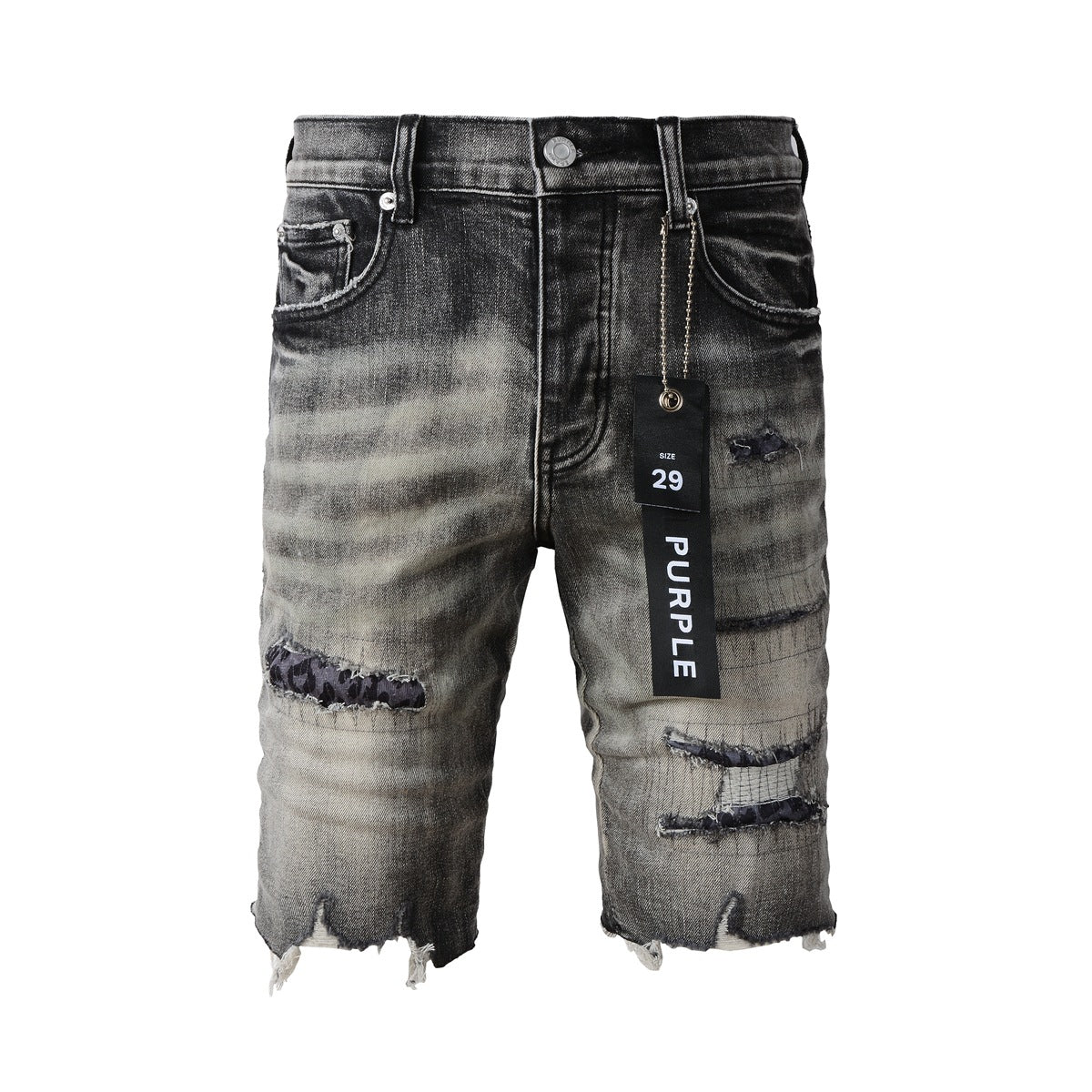 Short en jean noir High Street 5068 avec déchirures et patchs vieillis 