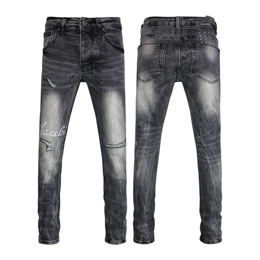 Premium Slim-Leg Dark Gray Jeans for Men - Trendy Ripped Design & Graphic Detail