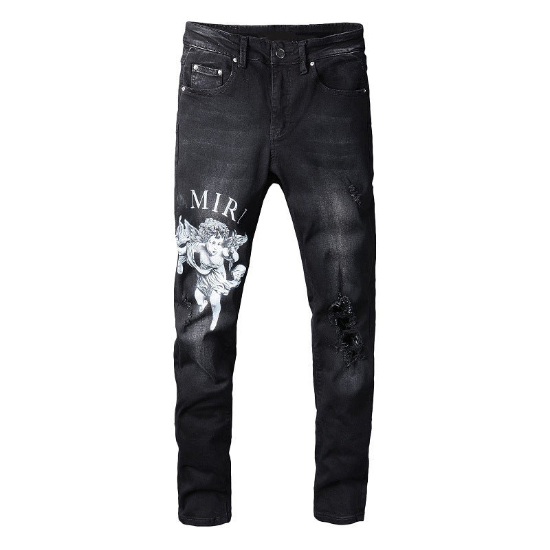 Jean skinny noir en coton micro-élastique avec imprimé numérique Street Letters Angel Pattern 