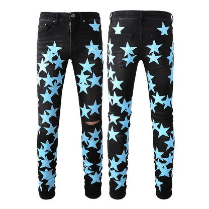 Jeans Pentagram Splicing Tendance Jeans High Craft Élastique Slim High Street Jeans 