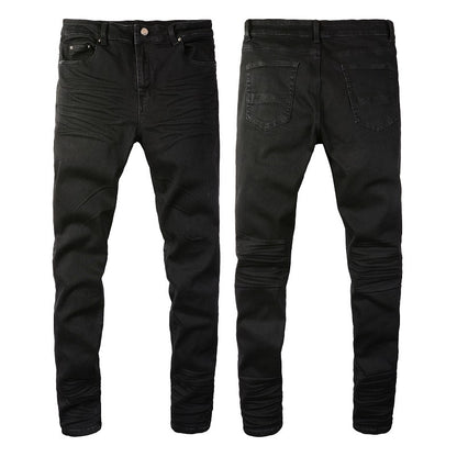 Pantalones vaqueros ajustados de diseñador para hombre, denim ajustado para hombres, negros, clásicos, para motociclistas, hip hop, rockeros, para correr, grandes y altos, para motociclistas 