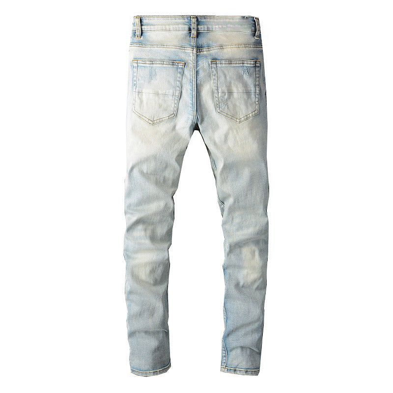 Pantalon décontracté en denim de rue en coton micro-élastique pour jeunes, jean skinny déchiré bleu #697 