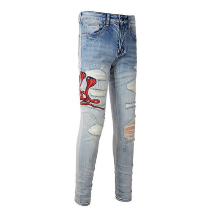 Patch brodé Street Tide Small Feet Blue Jeans Cheveux pour hommes, pantalon décontracté grande taille personnalisé #1346 