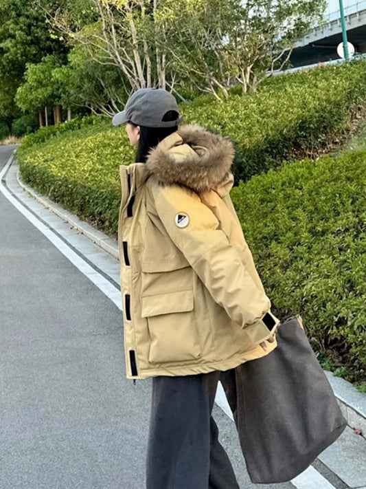 Women's Mid-Length Down Jacket: Loose Fit, Thickened with White Duck Down, Parka Style, Workwear-Inspired for Cozy Winter Wear