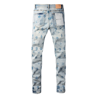 Trendy Blue Denim Pants 9063 with Unique Print Details for a Fashion-Forward Look