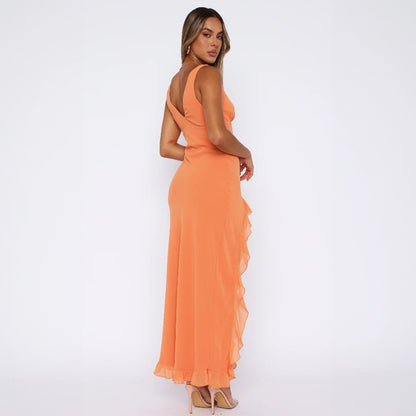 New Fashion V-Neck Sleeveless Ruffled Backless Slit Dress D1993400