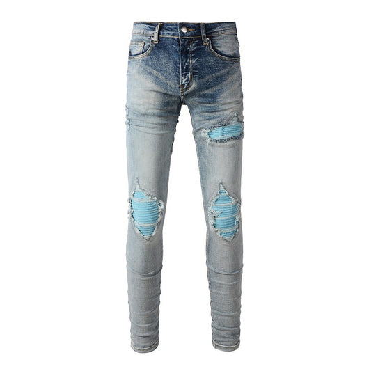 Jeans High Street pour hommes, tendance, déchiré, accrocheur, bleu, patch, jeans mendiant, version coréenne #1332 