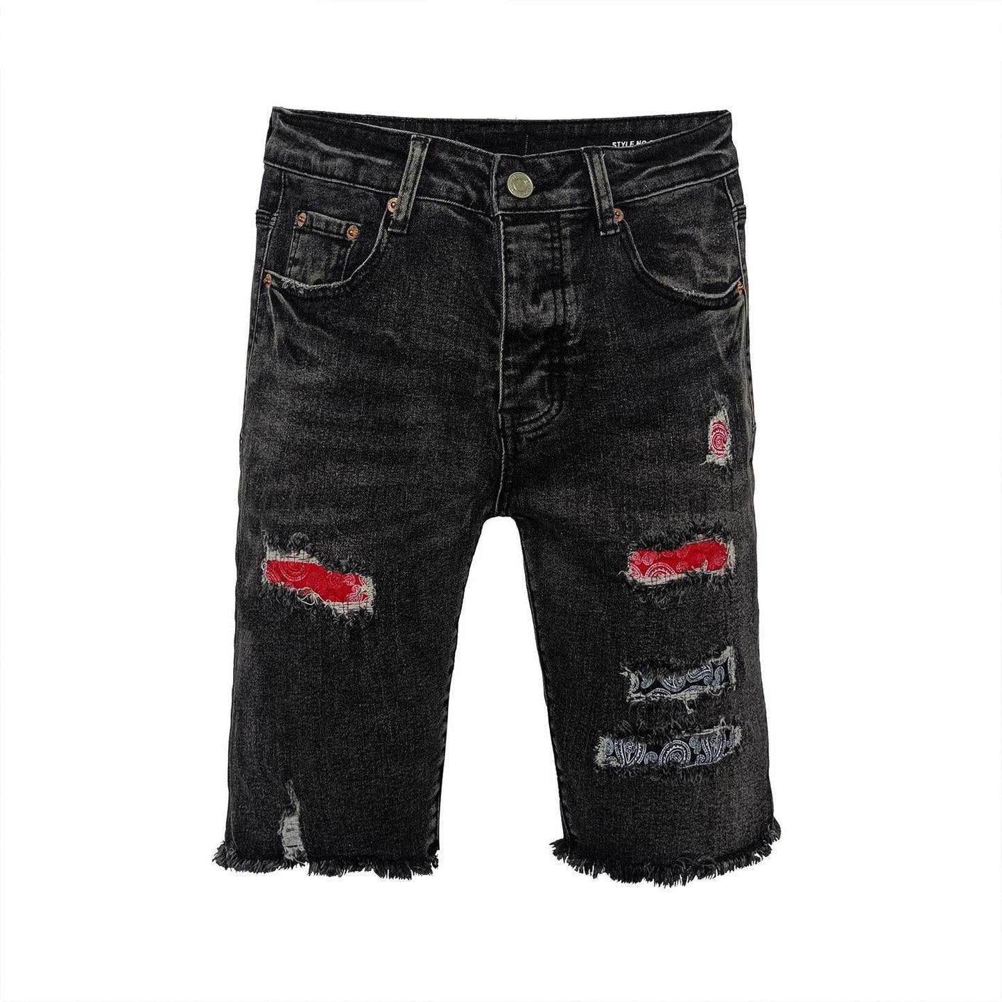Black Distressed Denim Shorts Men - Ripped Thighs with Red & Blue Patches, Raw Frayed Hem Streetwear