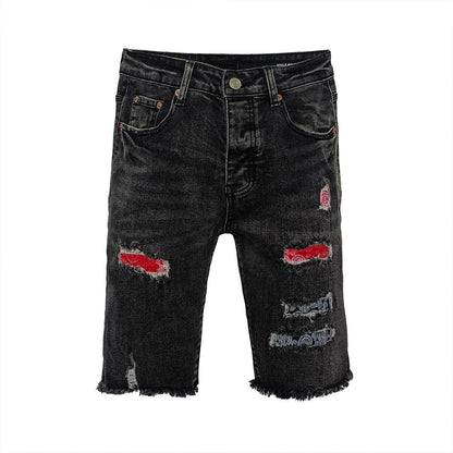 Black Distressed Denim Shorts Men - Ripped Thighs with Red & Blue Patches, Raw Frayed Hem Streetwear