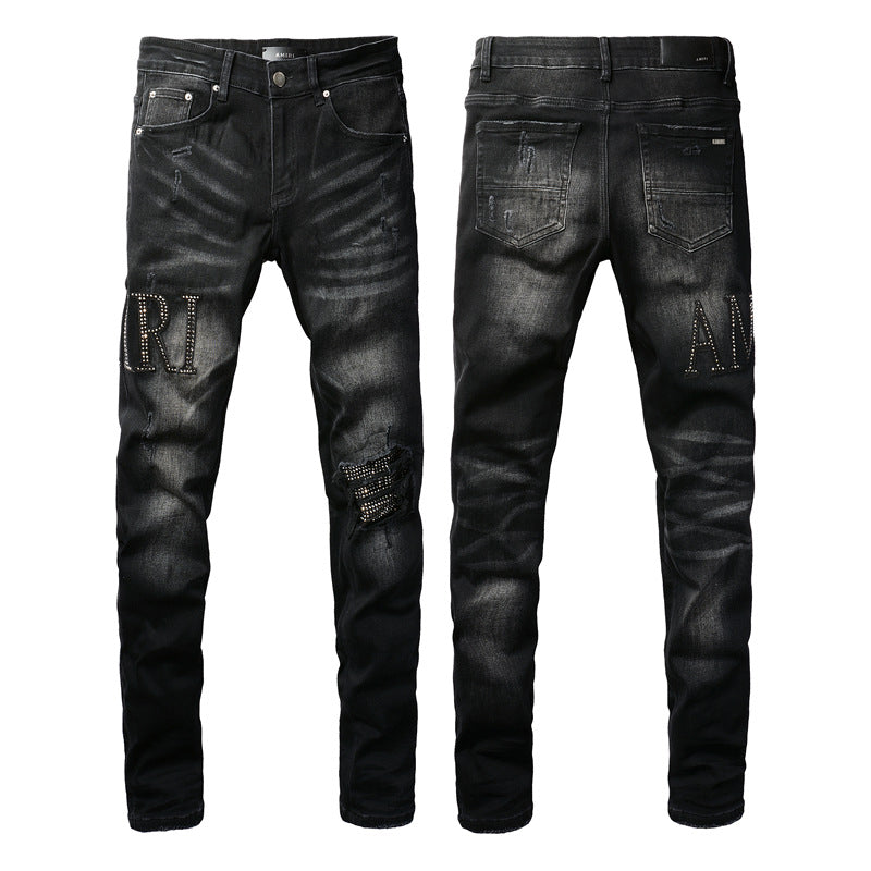 Black Jeans 8823 with Rhinestone Lettering and Distressed Design for International Markets