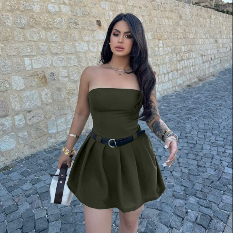 New Fashionable Strapless Off-Shoulder Sexy Waist-Tie Solid Color Dress D1993606