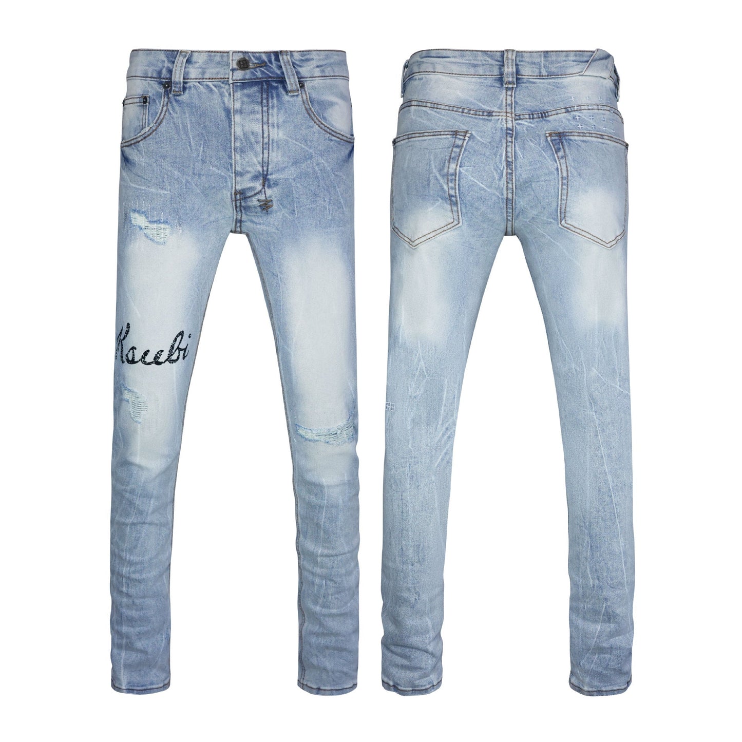 Soft Blue Wash High Rise Flare Jeans with Signature Embroidery - Slim Destroyed Bell Bottom Pants