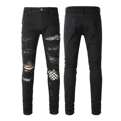 8538 Jean slim pour homme avec patch déchiré et diamants incrustés, tendance et tendance 