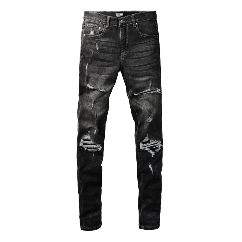 Jean déchiré High Street pour homme avec patchs patchwork et étoiles extensibles, coupe slim, pantalon crayon 