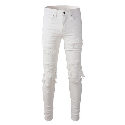 Jean slim à la mode pour homme High Street, pantalon de marque tendance avec patch déchiré, jean décontracté blanc 592 