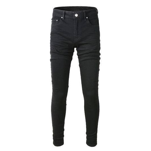 Pantalon noir High Street Jeans froissés Stretch Slim Fit Small Foot Jeans pour hommes 