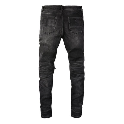 8806 Jeans rétro de marque tendance pour hommes, patch déchiré, élastique, fin et fin 