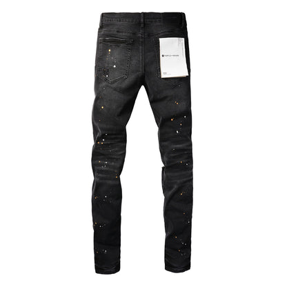 Pantalones vaqueros para hombre - Denim negro desgastado con abertura en la rodilla y agujero roto 9045 