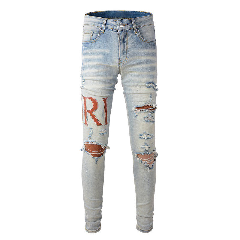 Jean déchiré Street Tide européen et américain High Street Tide Slim Pants Denim #840 