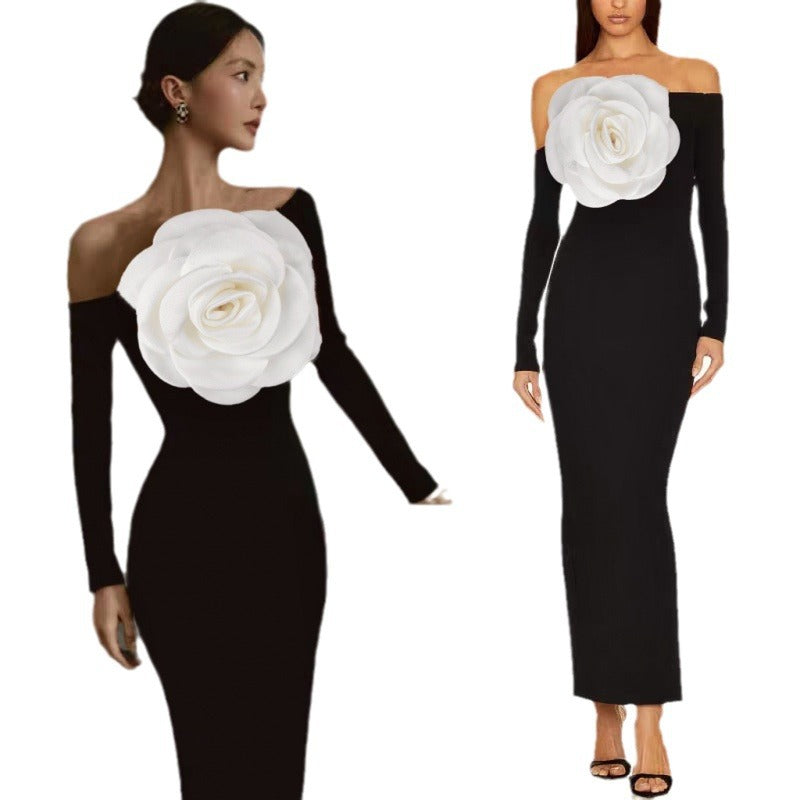 Robe avec ornements floraux 3D et fente latérale