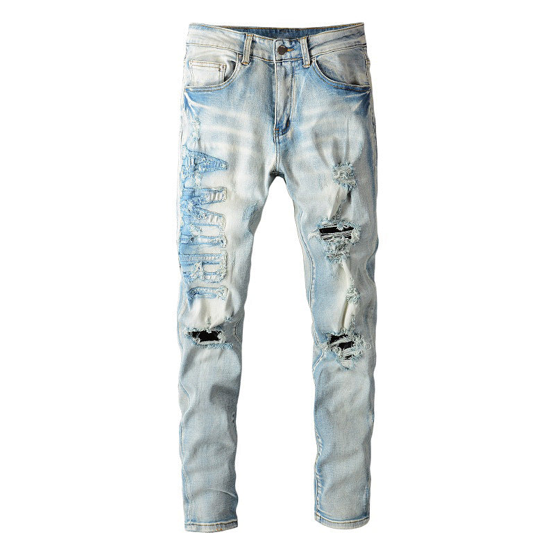 Pantalones casuales de mezclilla de calle, jeans ajustados rotos azules para jóvenes de algodón microelástico n.° 697 