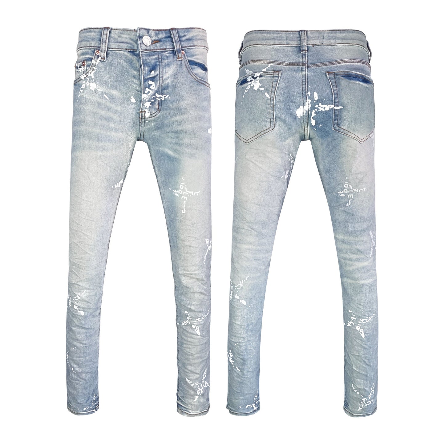 Men's Ice Blue Snow Wash Jeans - Artistic White Ink Splatter & Cross Embroidery Streetwear