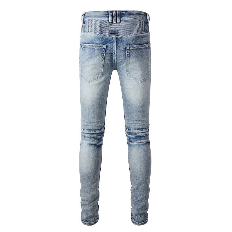 Tide Brand Locomotive Three-dimensional Tailoring Retro Multi-pocket Ripped Small Feet Slim-fit Elastic Jeans #917