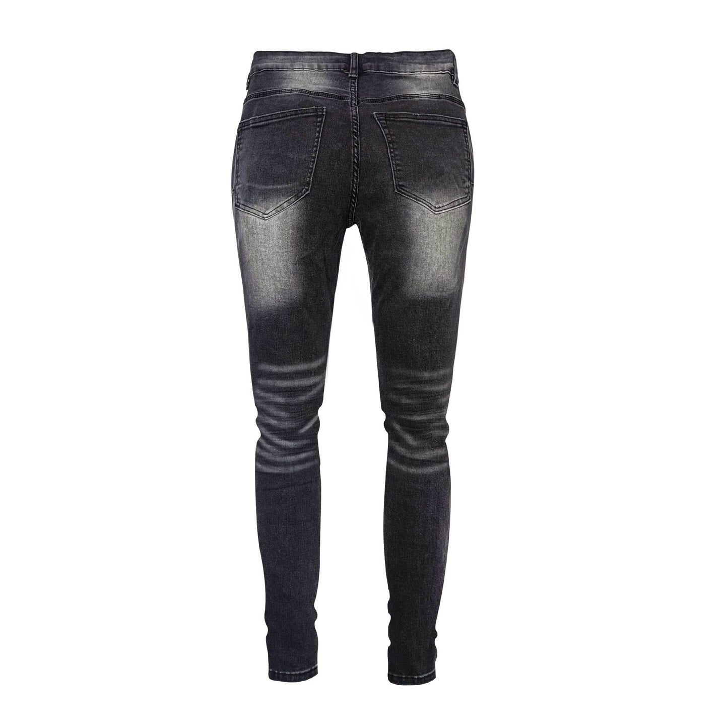 Men's Heavy Washed Charcoal Black Slim Jeans - Distressed Denim with Knee Rips & Bold Whiskers