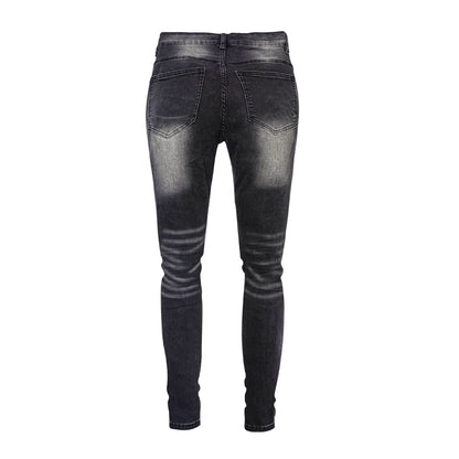 Men's Heavy Washed Charcoal Black Slim Jeans - Distressed Denim with Knee Rips & Bold Whiskers
