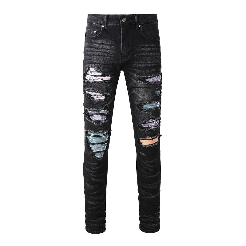 High Street Jeans Trendy Men's Ripped Colorful Patch Beggar Knee Jeans #1334