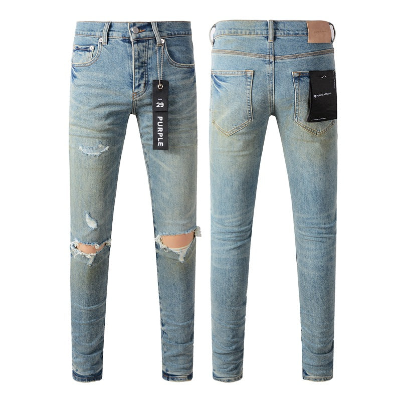 Pantalon en denim bleu clair chic 9076 avec des accents vieillis à la mode 