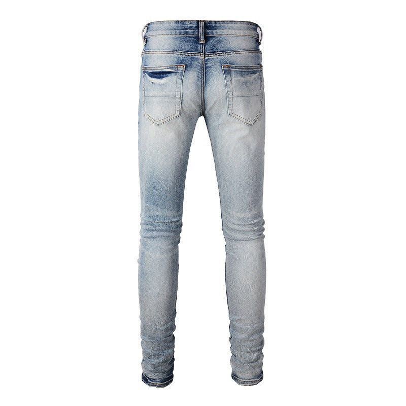 6666 High Street Trendy Brand Ripped Patch Jeans Retro Men's Elastic Slim High Street Denim