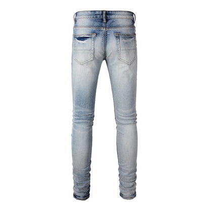 6666 High Street Trendy Brand Ripped Patch Jeans Rétro Hommes Élastique Slim High Street Denim 