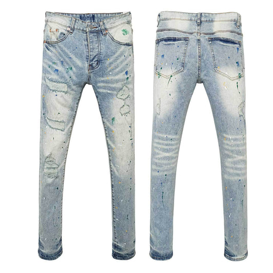 Men's Heavy Distressed Skinny Jeans with Multi-color Paint Splatter & Knee Rips - Urban Streetwear