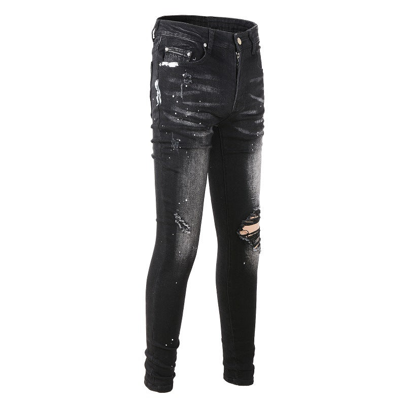 845 European and American Street Tide Ripped Patch Jeans High Street Tide Slim Pants Denim