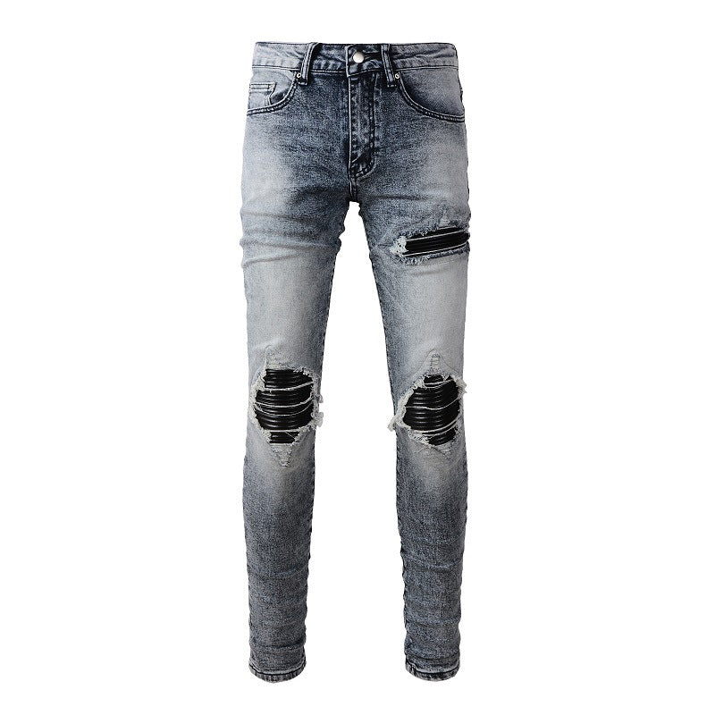 Jeans rétro américains tendance pour hommes en cuir PU déchiré, coupe slim #1338 