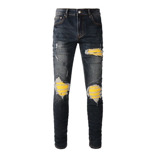 Pantalones vaqueros de diseñador para hombre Pantalones vaqueros para hombre Pantalones vaqueros High Street Hole Star Patch Pantalones con panel bordado de estrellas para hombre y mujer Pantalones ajustados elásticos Pantalones 40583 