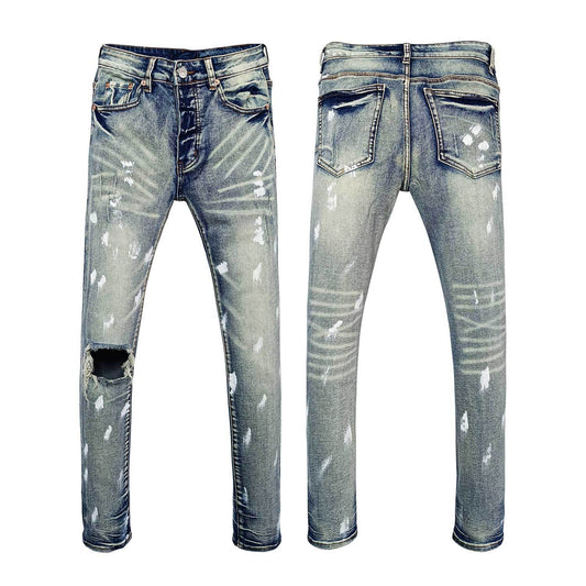 Men's Distressed Skinny Jeans with White Paint Splatter & Knee Rips - Urban Streetwear